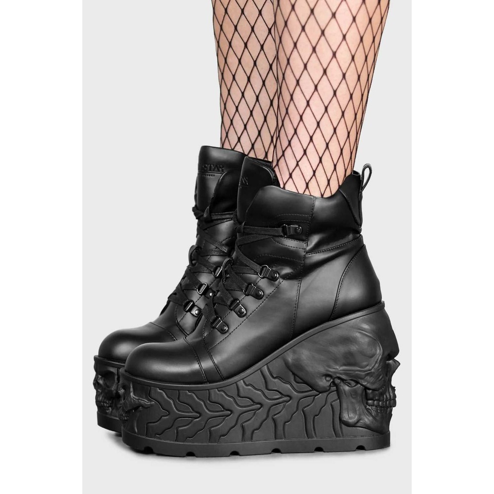 Killstar Doomed Platform Boots Black Vegan Leather Skull Wedge Womens Size 11 Us